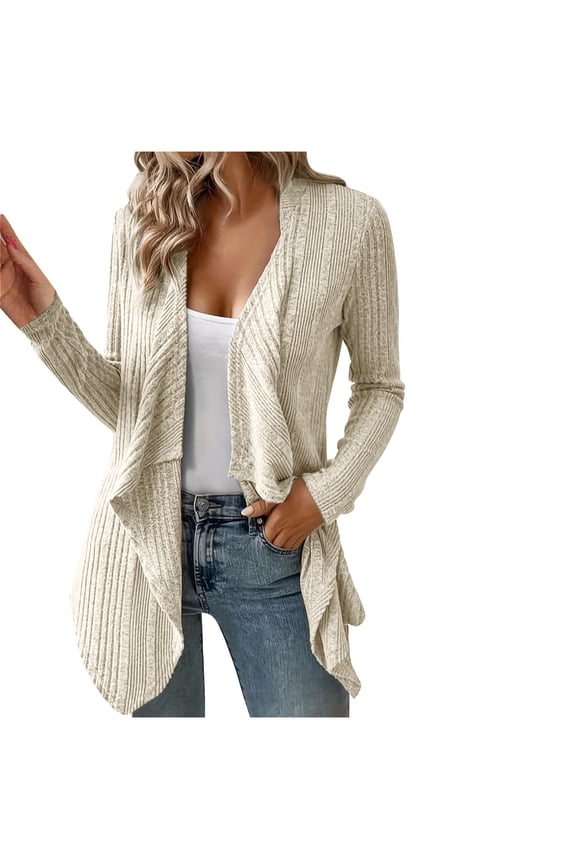 Women's Casual Long Sleeve Open Front Cable Knit Cardigans Lightweight Solid Color Sweater Jacket with Pockets Beige XL