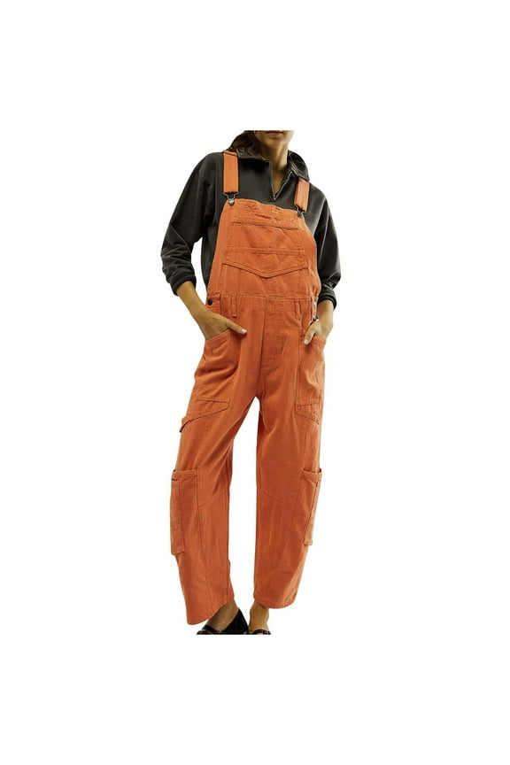 Women's Casual Loose Fit Straight Leg Denim Overalls with Pockets Bib Suspender Baggy Jeans Jumpsuits Rompers Orange L