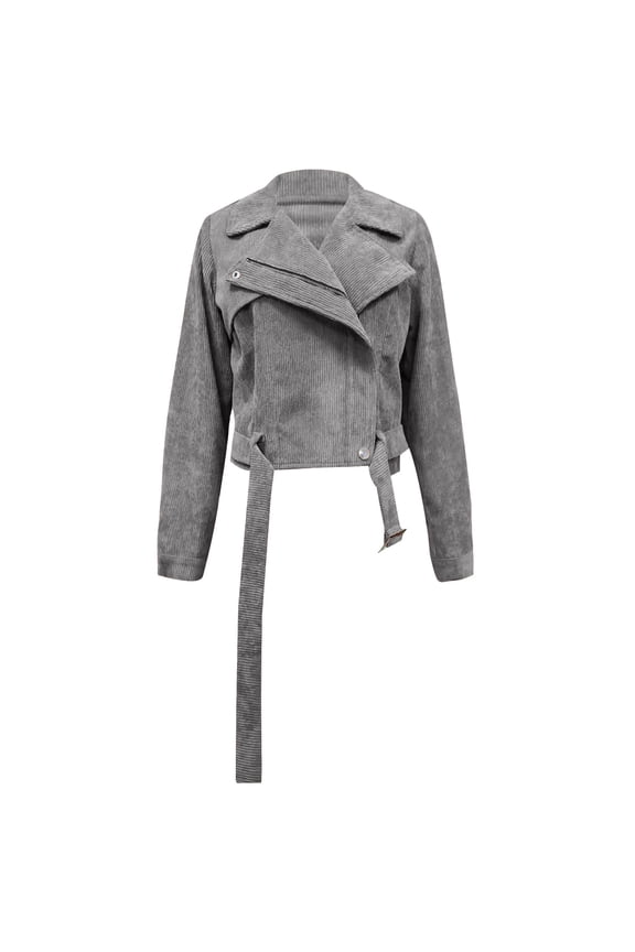Women's Corduroy Jacket Long Sleeve Belted Motorcycle Jacket Cropped Outwear Zipper Solid Color Fall Winter Fashion Clothing Gray M