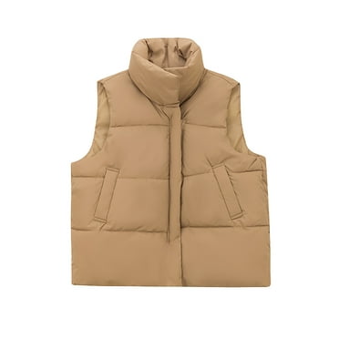 UTSJKR Clearance Women's Cropped Puffer Vests Winter Warm Zip Up Stand Collar Sleeveless Padded Crop Puffy Vests with Pocket Khaki L