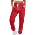 thumbnail image 1 of UTSJKR Women's Fashion Solid Sweatpants Jogger Pants High Waist Elastic Waistband Drawstring Trousers Loose Fit Comfy Sport Pants Watermelon Red S, 1 of 6