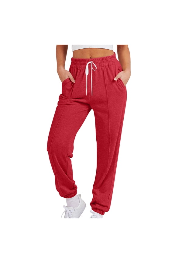 Women's Fashion Solid Sweatpants Jogger Pants High Waist Elastic Waistband Drawstring Trousers Loose Fit Comfy Sport Pants Watermelon Red M
