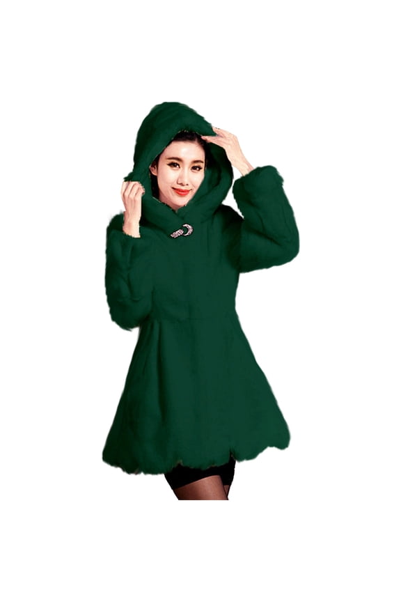 Women's Faux Fur Hooded Coat Hooded Winter Warm Jacket Elegant Solid Long Sleeve Plush Outerwear Fluffy Overcoat Green L