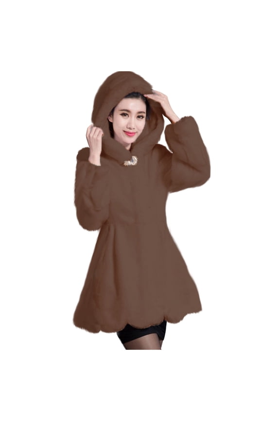 Women's Faux Fur Hooded Coat Hooded Winter Warm Jacket Elegant Solid Long Sleeve Plush Outerwear Fluffy Overcoat Khaki S