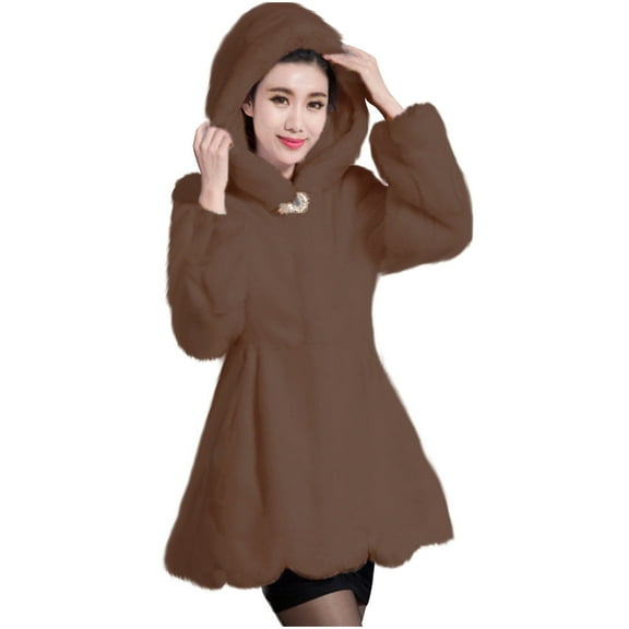 UTSJKR Women's Faux Fur Hooded Coat Hooded Winter Warm Jacket Elegant Solid Long Sleeve Plush Outerwear Fluffy Overcoat Khaki XXXXXL