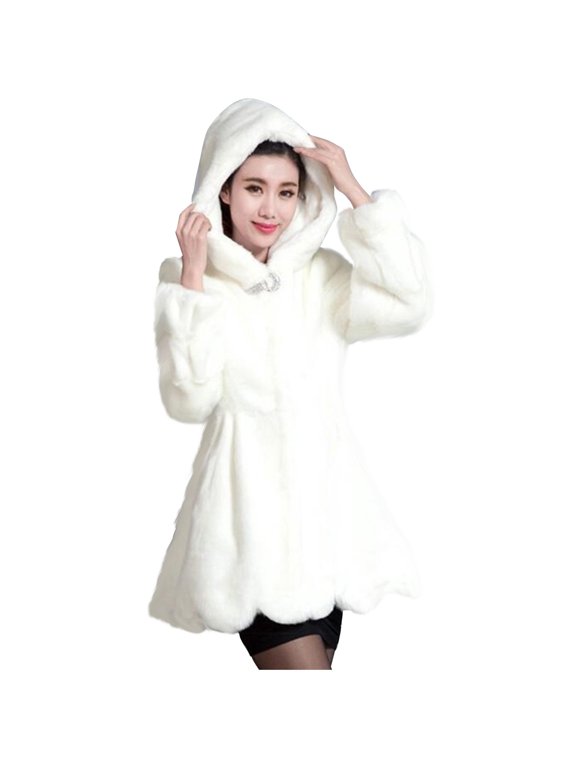 Women's Faux Fur Hooded Coat Hooded Winter Warm Jacket Elegant Solid Long Sleeve Plush Outerwear Fluffy Overcoat White L