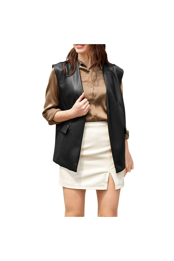 Women's Faux Leather Vests Fashion Sleeveless Blazer Open Front Solid Color Outerwear Jacket Black S