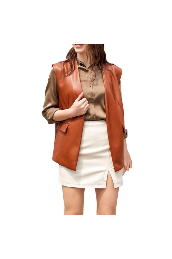 Women's Faux Leather Vests Fashion Sleeveless Blazer Open Front Solid Color Outerwear Jacket Khaki XXXL
