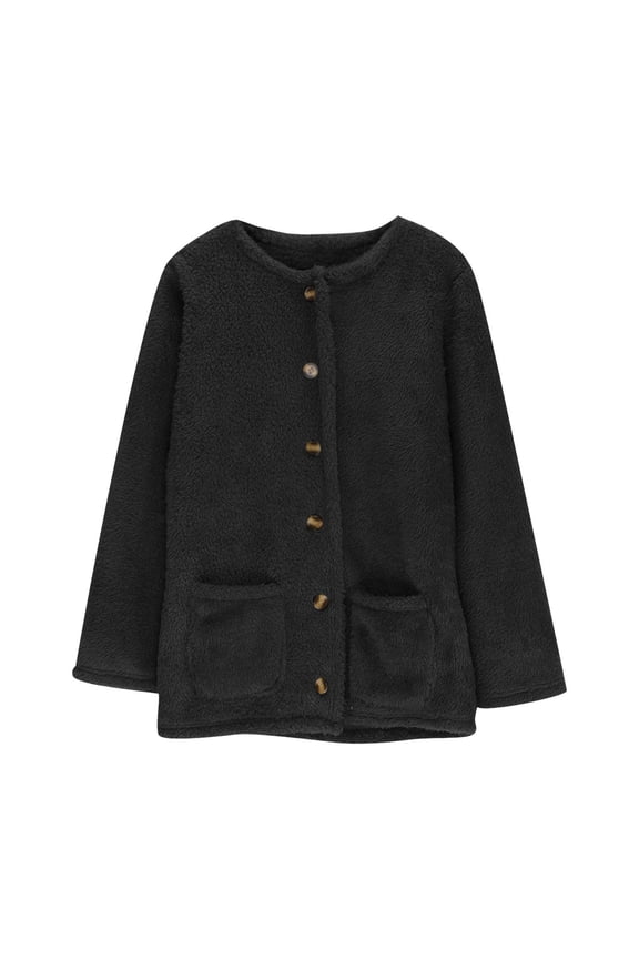 Women's Fleece Jacket Long Sleeve Button Up Cardigan Coat Soft Comfortable Winter Warm Outwear with Pockets Black XL