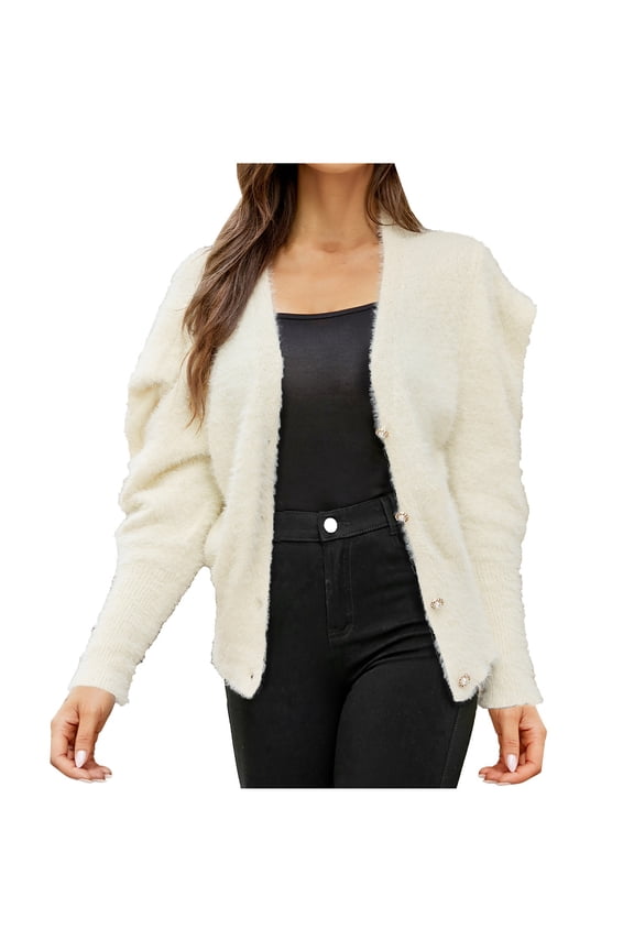 Women's Fuzzy Cardigan Sweater Long Sleeve Button Up Loose Fit Knitwear Jacket Soft Warm Pullover Coat White S