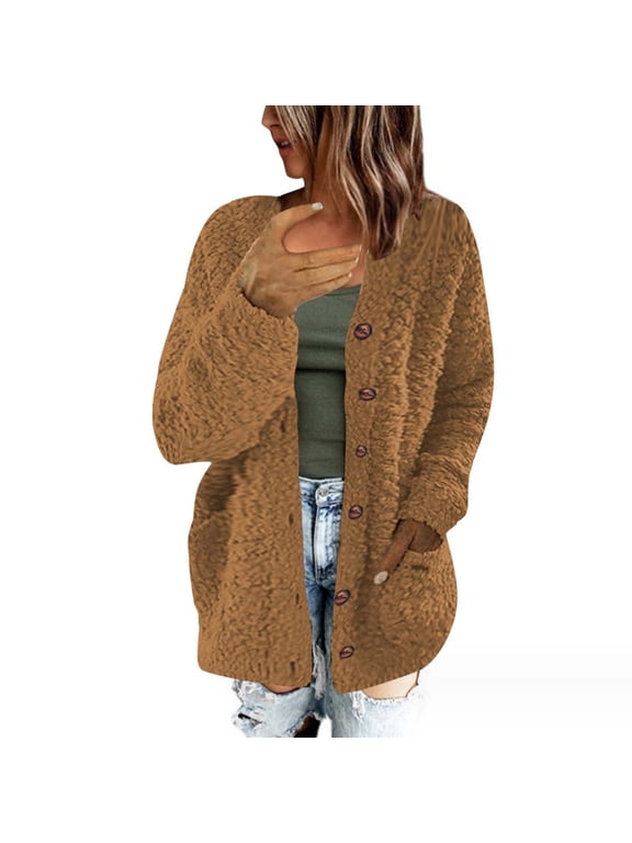 Women's Fuzzy Fleece Cardigan Long Sleeve Button Down Oversized Sherpa Jacket Warm Winter Coat Soft Cozy Outwear Brown S