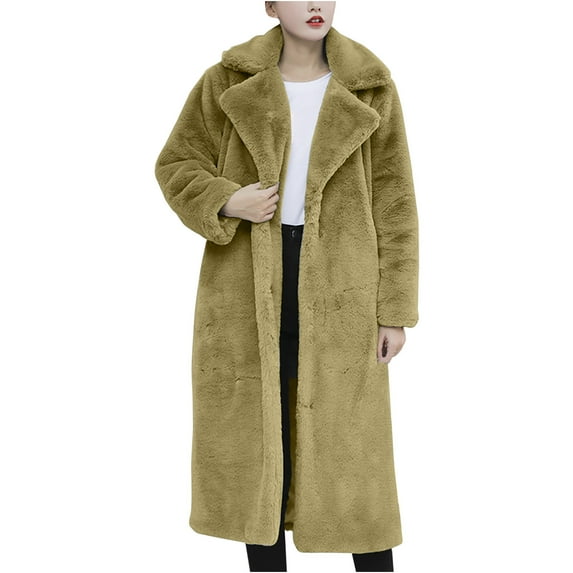 UTSJKR Clearance Women's Fuzzy Fleece Winter Jackets Faux Fur Lapel Coats Long Sleeve Button Down Open Front Casual Lapel Neck Thickened Fleece Coats Mid-Length Teddy Coats Army Green S