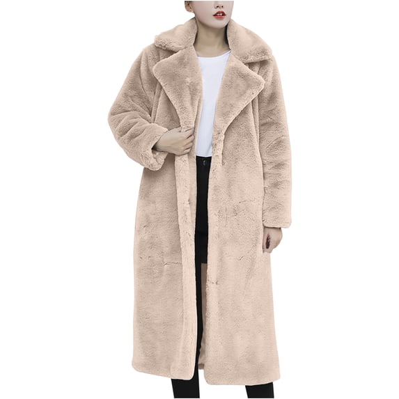 UTSJKR Women's Fuzzy Fleece Winter Jackets Faux Fur Lapel Coats Long Sleeve Button Down Open Front Casual Lapel Neck Thickened Fleece Coats Mid-Length Teddy Coats Beige S