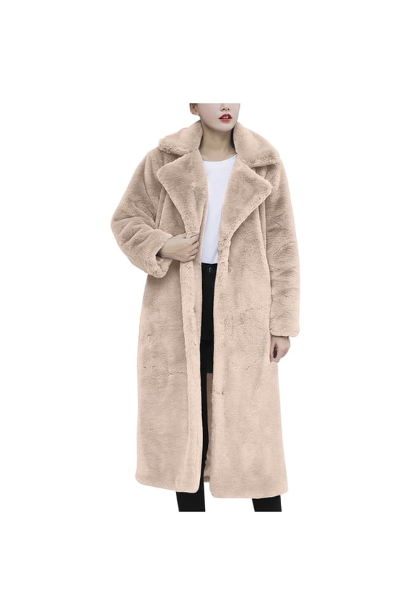 Women's Fuzzy Fleece Winter Jackets Faux Fur Lapel Coats Long Sleeve Button Down Open Front Casual Lapel Neck Thickened Fleece Coats Mid-Length Teddy Coats Beige S