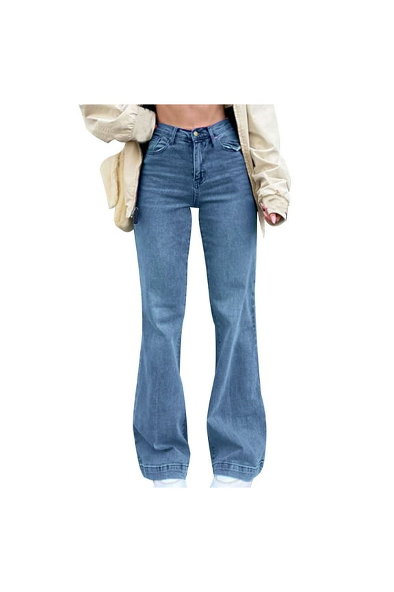 Women's High Waist Flare Jeans Stretch Bootcut Denim Pants with Pockets Bell Bottom Jeans Vintage Long Trousers Light Blue S