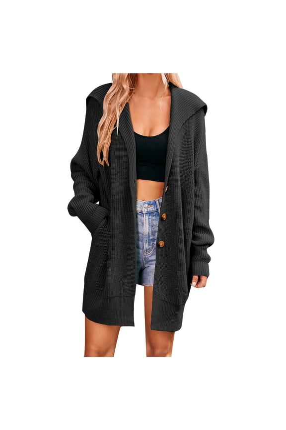 Women's Hooded Cardigan Sweater Button Front Knit Long Sleeve Oversized Loose Fit Sweater Coat Winter Warm Cardigan Outwear Top Black S