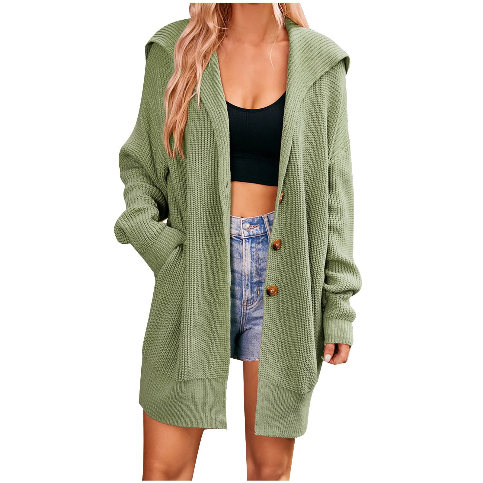 UTSJKR Clearance Women's Hooded Cardigan Sweater Button Front Knit Long ...