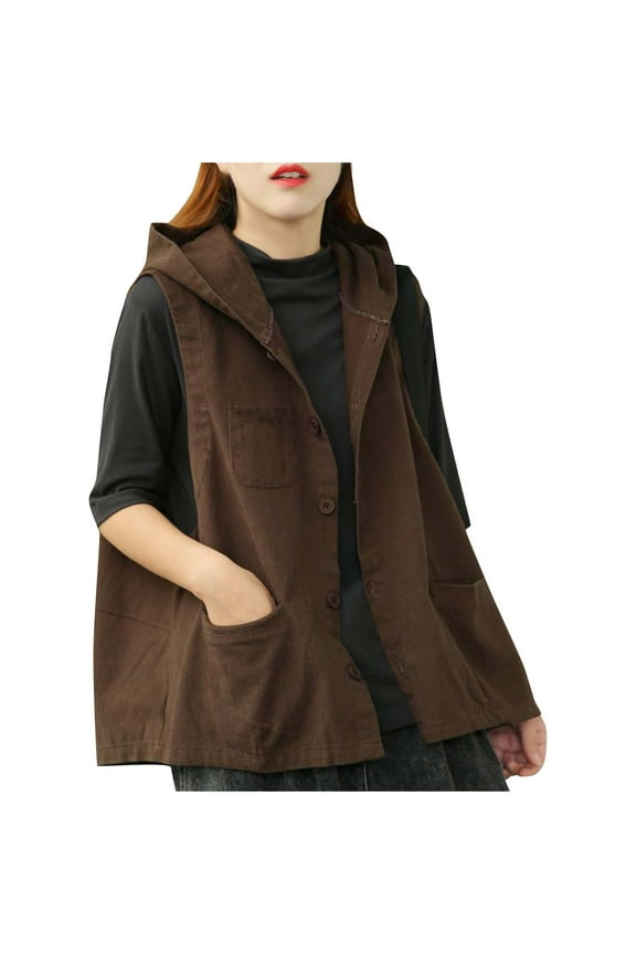 Women's Hooded Vests Sleeveless Button Up Outerwear Cotton Loose Fit Vests 2024 Fall Fashion Solid Color Coats Coffee L