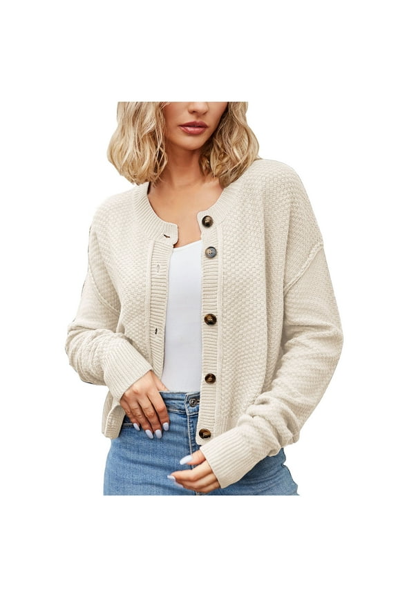 Women's Knit Cardigan Button Up Long Sleeve Sweater Coat Cropped Cardigan Solid Color Tops Soft Cozy Warm Cardigan Fall Winter Outwear Street Beige S