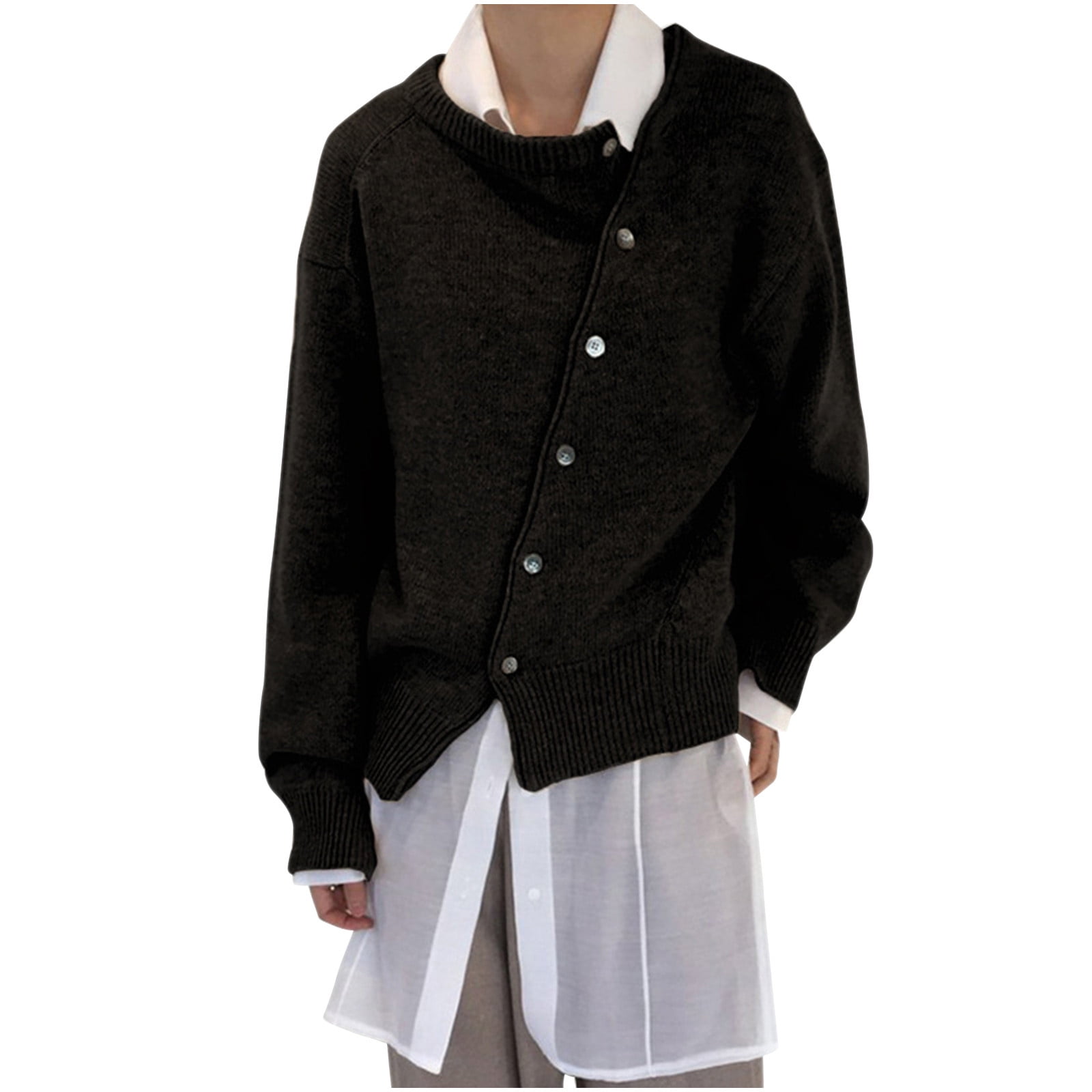 Women's Knit Cardigan Coat Long Sleeve Button Up Asymmetrical Sweater Jacket Elegant Solid Loose Fit Cardigan Outwear Black S