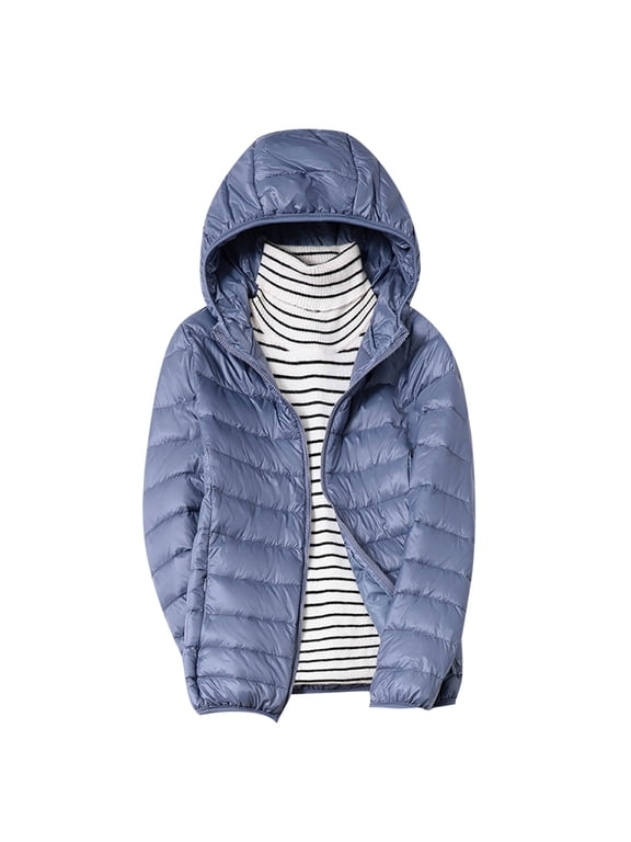 Women's Lightweight Down Jacket Hooded Packable Puffer Coat Winter Warm Outwear Solid Color Slim Fit Lightweight Jacket Blue XL