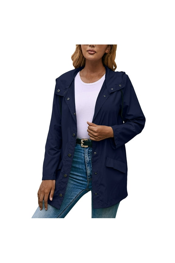 Women's Lightweight Rain Jacket Waterproof Windbreaker Hooded Long Sleeve Outwear Elegant Solid Button Up Coat Navy M