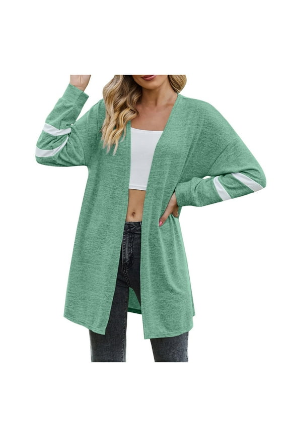 Women's Long Sleeve Cardigan Open Front Striped Knit Sweater Jacket Lightweight Soft Fall Winter Outwear Long Cardigan Sweater Coat Green XL