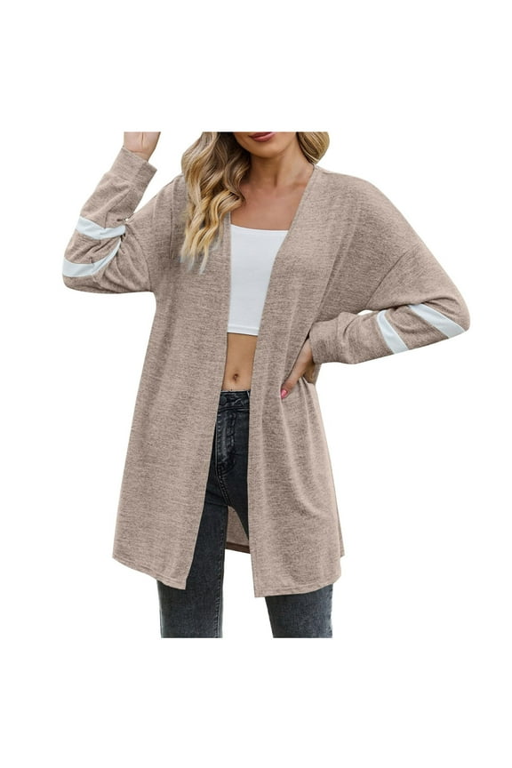Women's Long Sleeve Cardigan Open Front Striped Knit Sweater Jacket Lightweight Soft Fall Winter Outwear Long Cardigan Sweater Coat Khaki L