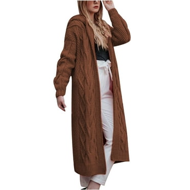 UTSJKR Clearance Women's Long Sleeve Hooded Cardigan Knitted Cable Sweater Jacket Open Front Long Cardigan Loose Oversized Chunky Warm Winter Coat Brown XXXL