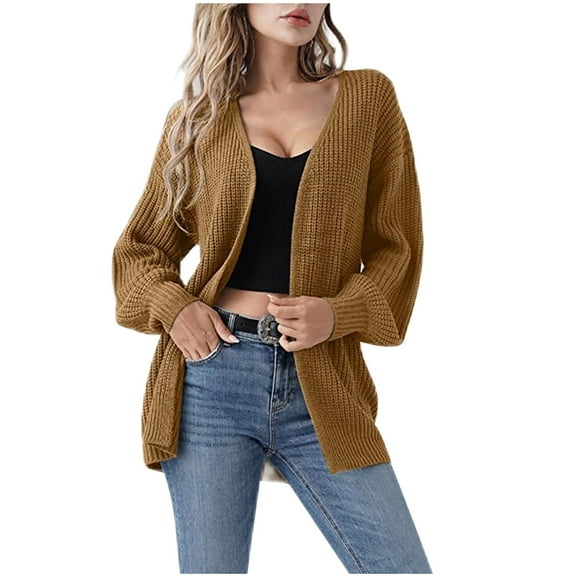 UTSJKR Women's Long Sleeve Knit Cardigan Open Front Loose Fit Sweater Chunky Knit Long Cardigan Oversized Sweater Soft Warm Coat Brown L