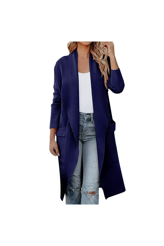 Women's Long Sleeve Open Front Cardigan Coat Loose Fit Solid Color Oversized Long Sweater Outwear Jacket Dark Blue S