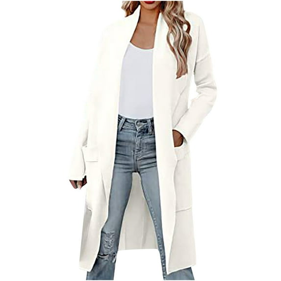 UTSJKR Women's Long Sleeve Open Front Cardigan Coat Loose Fit Solid Color Oversized Long Sweater Outwear Jacket White L
