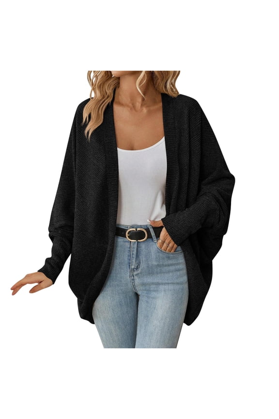 Women's Open Front Cardigan Long Sleeve Knitted Loose Fit Sweater Coat Oversized Drop Shoulder Cardigan Black XL