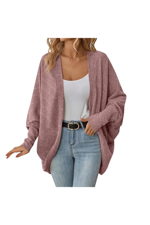 Women's Open Front Cardigan Long Sleeve Knitted Loose Fit Sweater Coat Oversized Drop Shoulder Cardigan Pink M