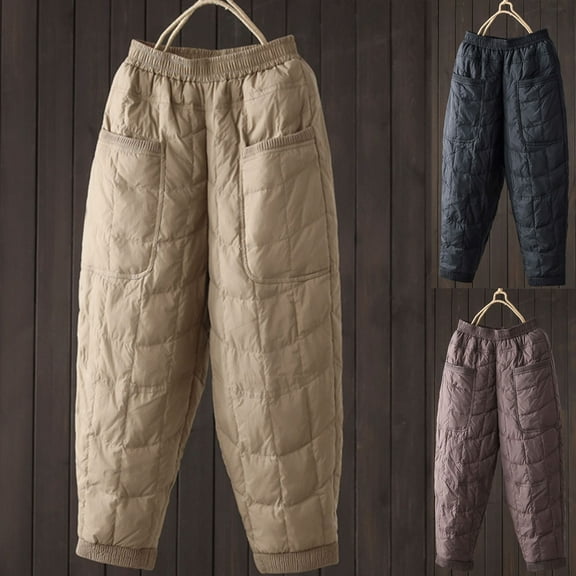 UTSJKR Women's Padded Quilted Thermal Trousers Solid Color Thick Winter Outdoor Lantern Pants Chunky Warm Snow Pants Black L