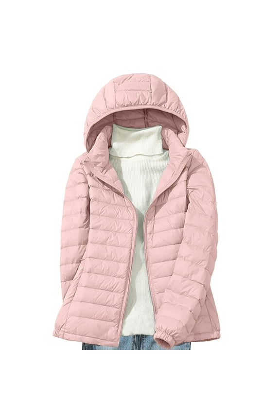Women's Plus Size Warm Quilted Puffer Coat Packable Ultra Lightweight Short Down Jackets Outerwear with Removable Hood Pink L