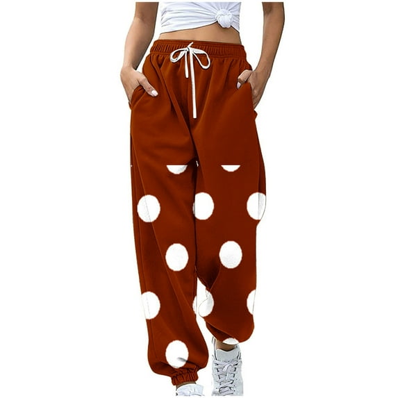 UTSJKR Women's Polka Dots Sweatpants Loose Fit Drawstring Elastic Waist Jogger Pants Comfortable Sport Active Workout Jogger Pants with Pockets Wine L