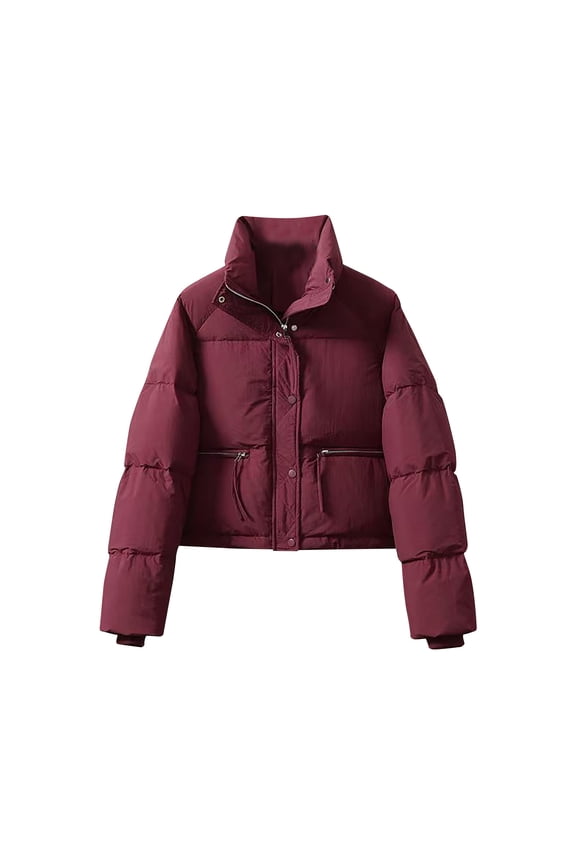 Women's Puffer Jacket Winter Warm Short Padded Coat Loose Fit Lightweight Thickened Outwear with Pockets Red M