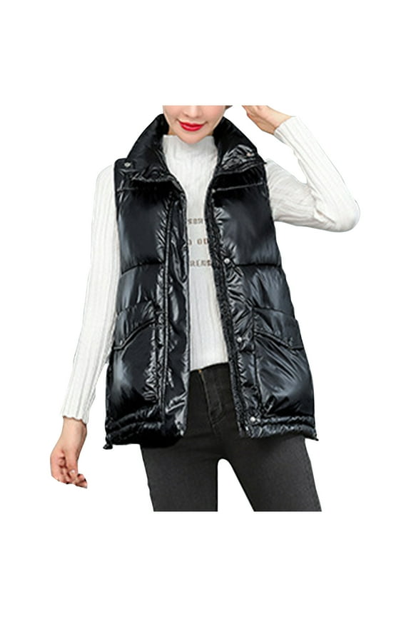 Women's Puffer Vests Winter Warm Sleeveless Jacket Outwear Padded Lightweight Vests with Pockets Black XXXL
