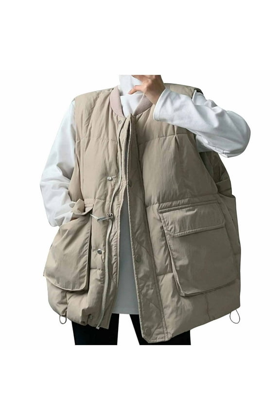 Women's Puffer Vests Winter Warm Sleeveless Jacket Outwear with Pockets Zipper Button Closure Fashion Solid Color Thick Cozy Loose Fit Vests Coat Khaki M