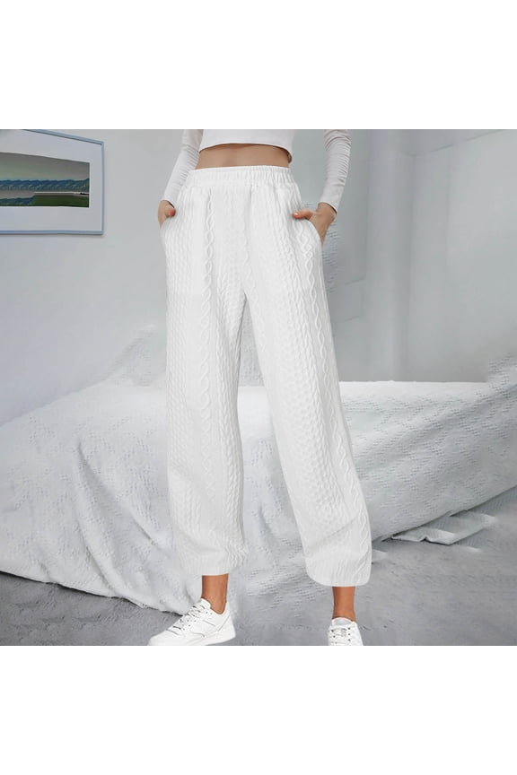 Women's Straight Leg Sweatpants Elastic High Waist Lightweight Long Pants Loose Casual Cable Crew Trousers with Pockets White XXL