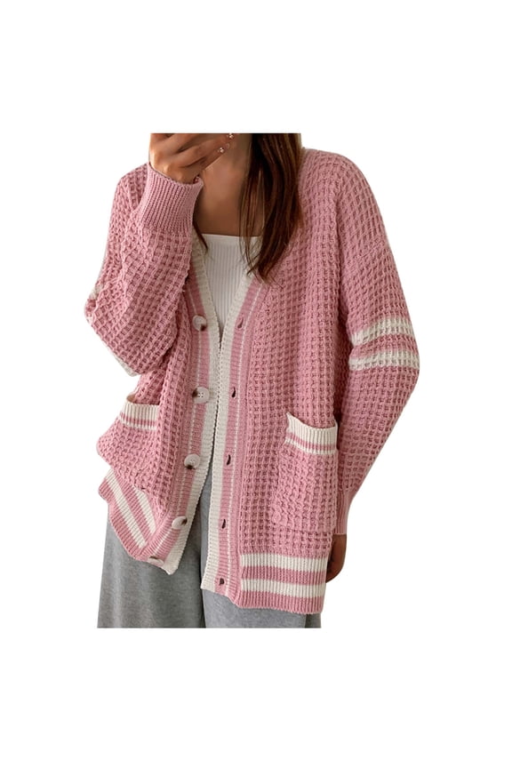 Women's Striped Knit Cardigan Fall Winter Long Sleeve V Neck Button Up Sweater Jacket with Pockets Loose Fit Soft Warm Knitwear Coat Pink M
