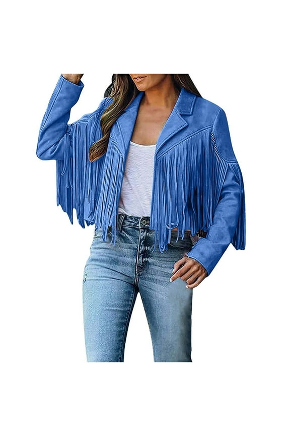 Women's Suede Fringe Jacket Long Sleeve Zipper Up Bomber Jacket Cropped Outwear Lightweight Fringe Coat Fashion Stylish Winter Blue M