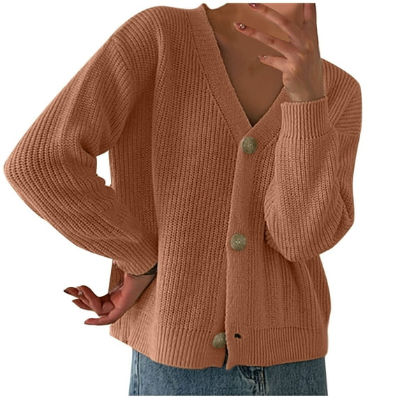 UTSJKR Women's V Neck Cardigan Sweater Button Front Long Sleeve Knitted Cardigan Jacket Loose Fit Pullover Coat Orange Free Size
