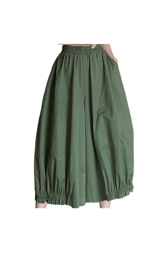 Women's Wide Leg Culottes High Waist Loose Fit Elastic Waist Cropped Pants Comfortable Cotton Boho Fashion Pants Army Green M