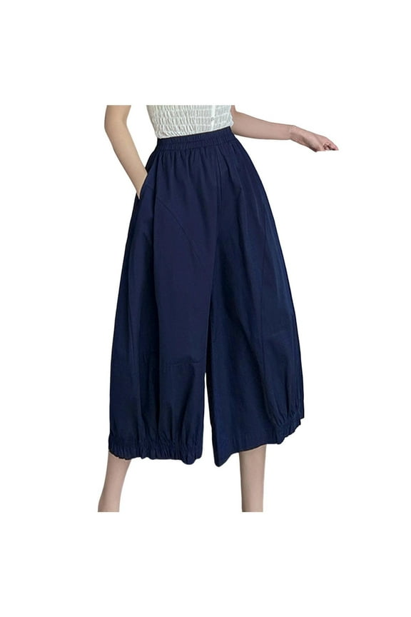 Women's Wide Leg Culottes High Waist Loose Fit Elastic Waist Cropped Pants Comfortable Cotton Boho Fashion Pants Navy S