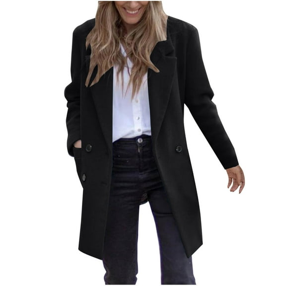 UTSJKR Women's Winter Coat Double Breasted Long Sleeve Warm Outwear Solid Color Trench Coat Jacket Overcoat Black L