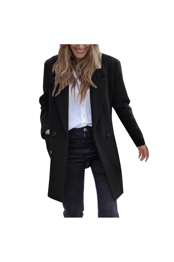 Women's Winter Coat Double Breasted Long Sleeve Warm Outwear Solid Color Trench Coat Jacket Overcoat Black L