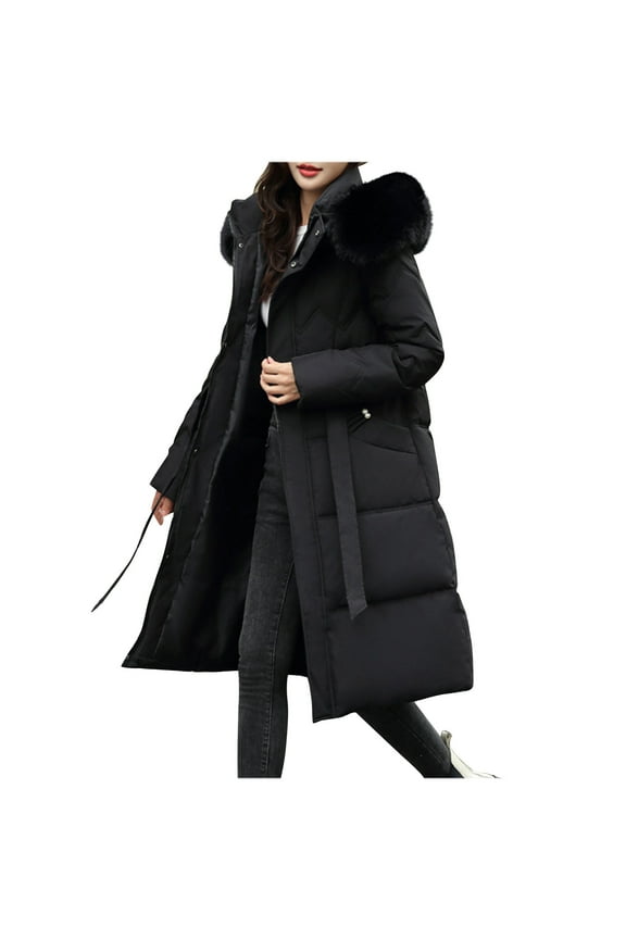 Women's Winter Long Puffer Coat Long Sleeve Warm Thick Parka Jacket with Removable Faux Fur Hood 2024 Fashion Outwear Black XL