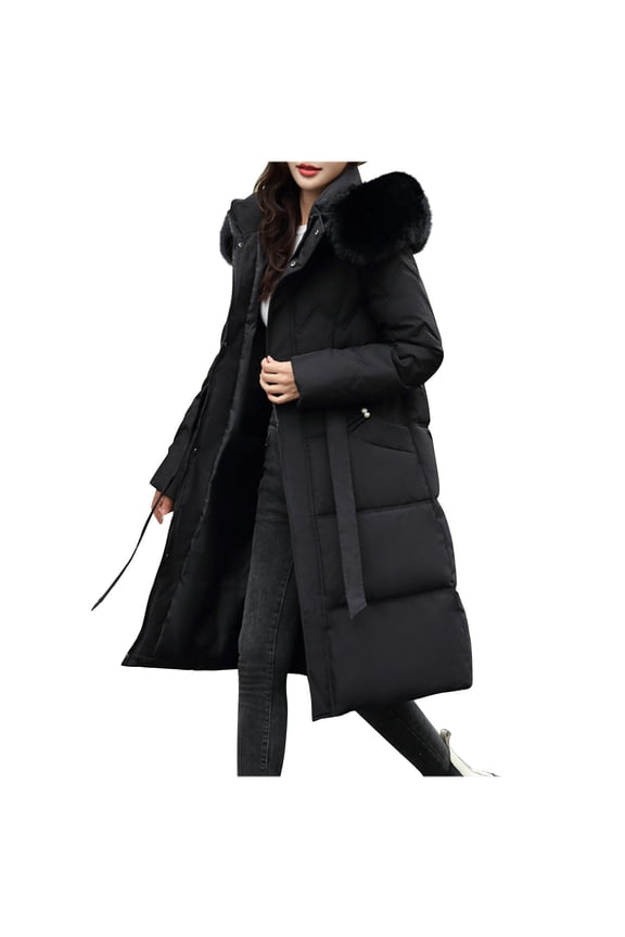 Women's Winter Long Puffer Coat Long Sleeve Warm Thick Parka Jacket with Removable Faux Fur Hood 2024 Fashion Outwear Black XXXL